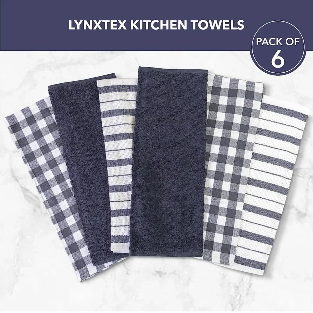 Brand New 6-Pack 100% Cotton Kitchen Towels Dish Cloths Checkered Striped Solid
